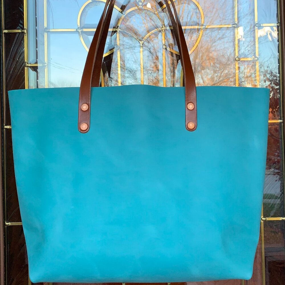 Turquoise Leather Tote with Brown Leather Handles by KMM & Co - Picture 5 of 14